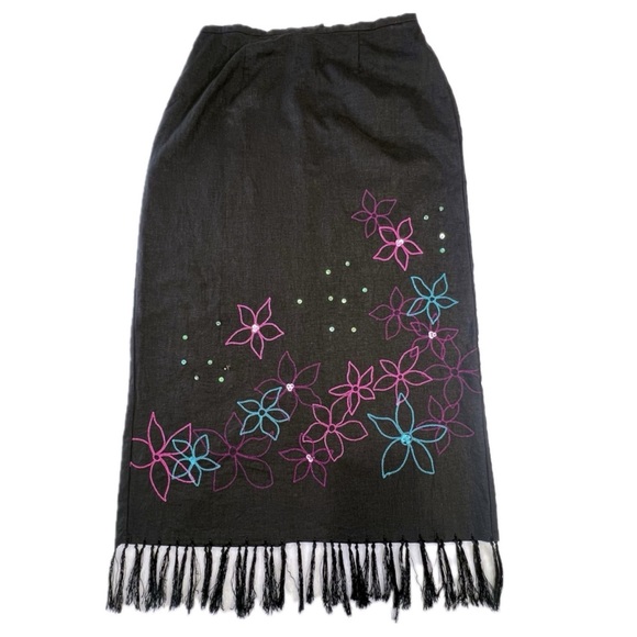 Linen Blend Skirt Tassel Fringe Column Floral Boho Requirements Black Small S - Picture 1 of 12